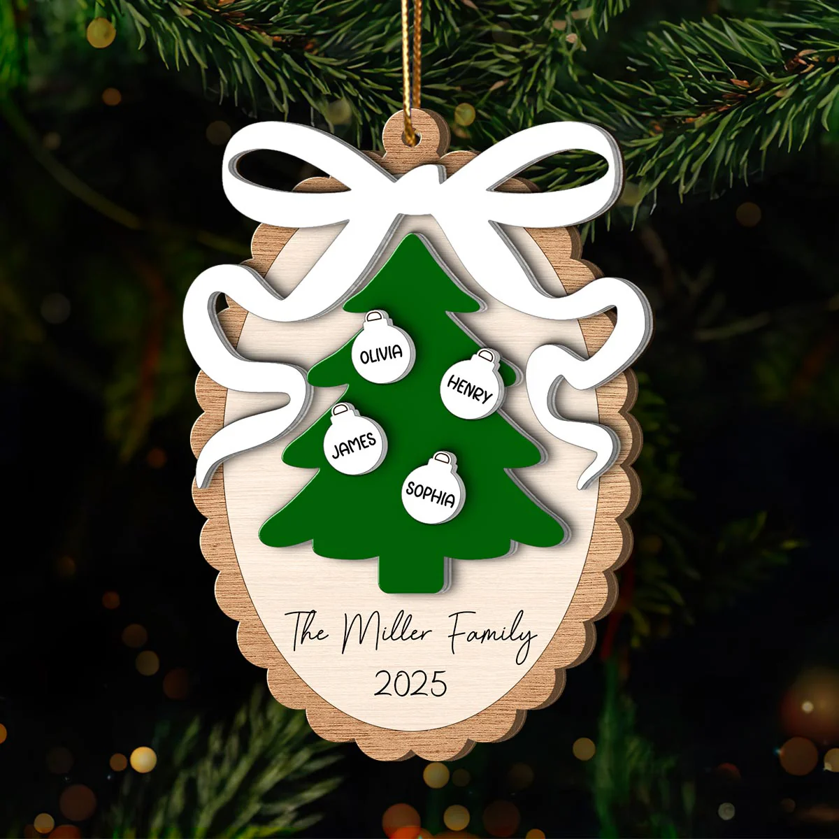 Family Christmas Tree Scalloped Bow - Personalized Spinning Charm Ornament