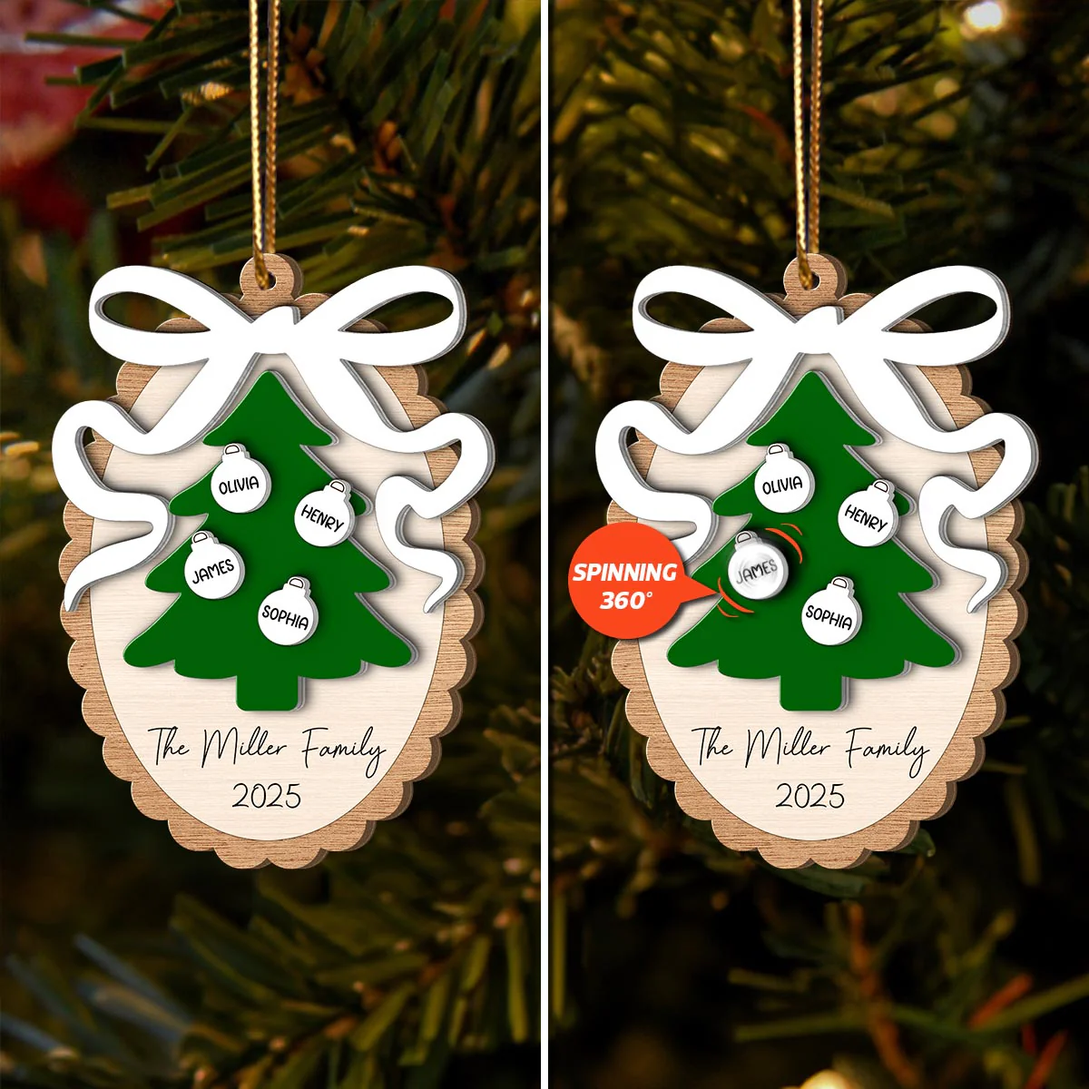 Family Christmas Tree Scalloped Bow - Personalized Spinning Charm Ornament - Image 3