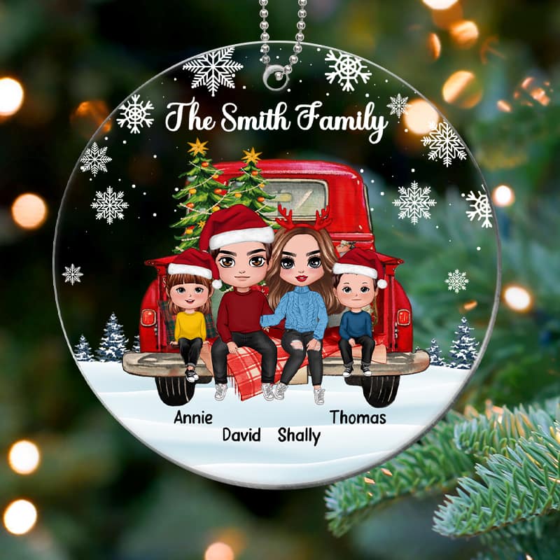 Family Couple Dad Mom Kids On Christmas Truck Personalized Acrylic Ornament - Image 3