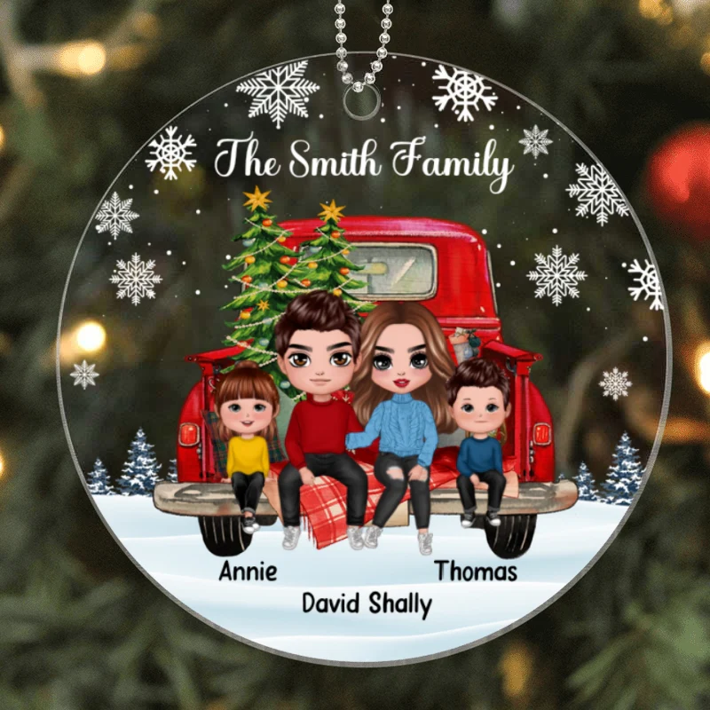 Family Couple Dad Mom Kids On Christmas Truck Personalized Acrylic Ornament - Image 4