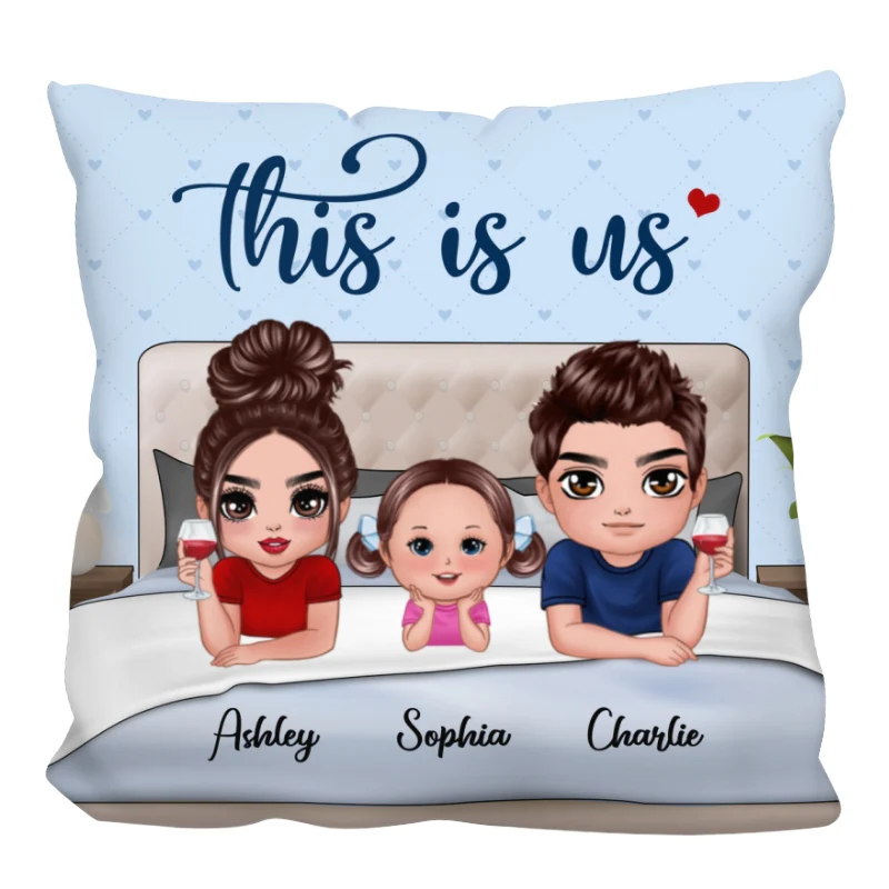 Family Couple Kid Chin On Hands On Bed Personalized Pillow - Image 4