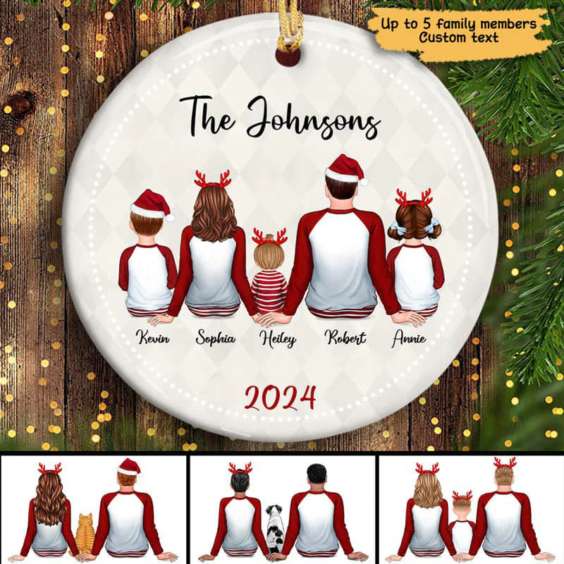 Family Couple Kid Dog Cat Back View Personalized Circle Ornament - Image 2