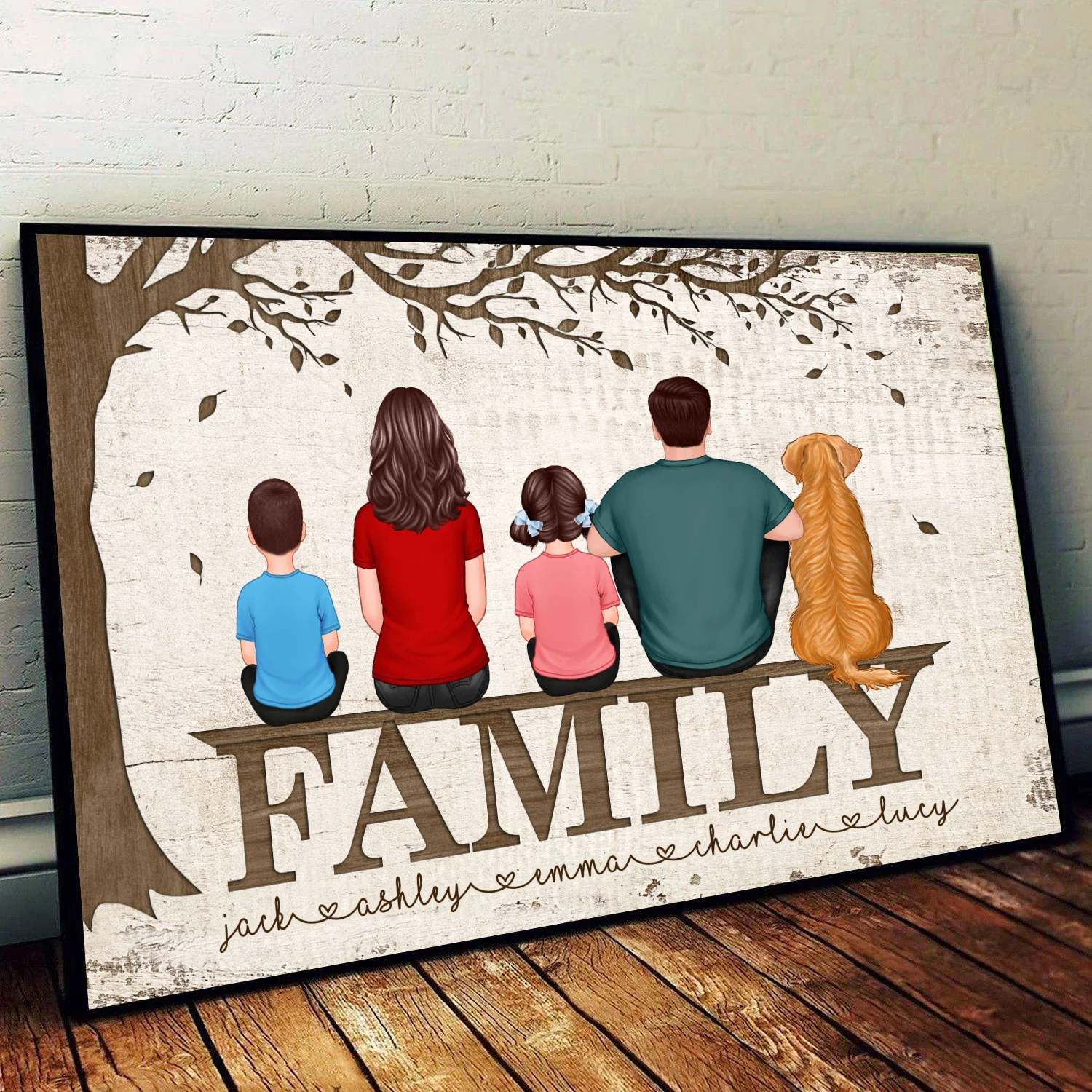 Family Couple Kid Dog Cat Back View Sitting Under Tree Personalized Horizontal Poster - Image 2