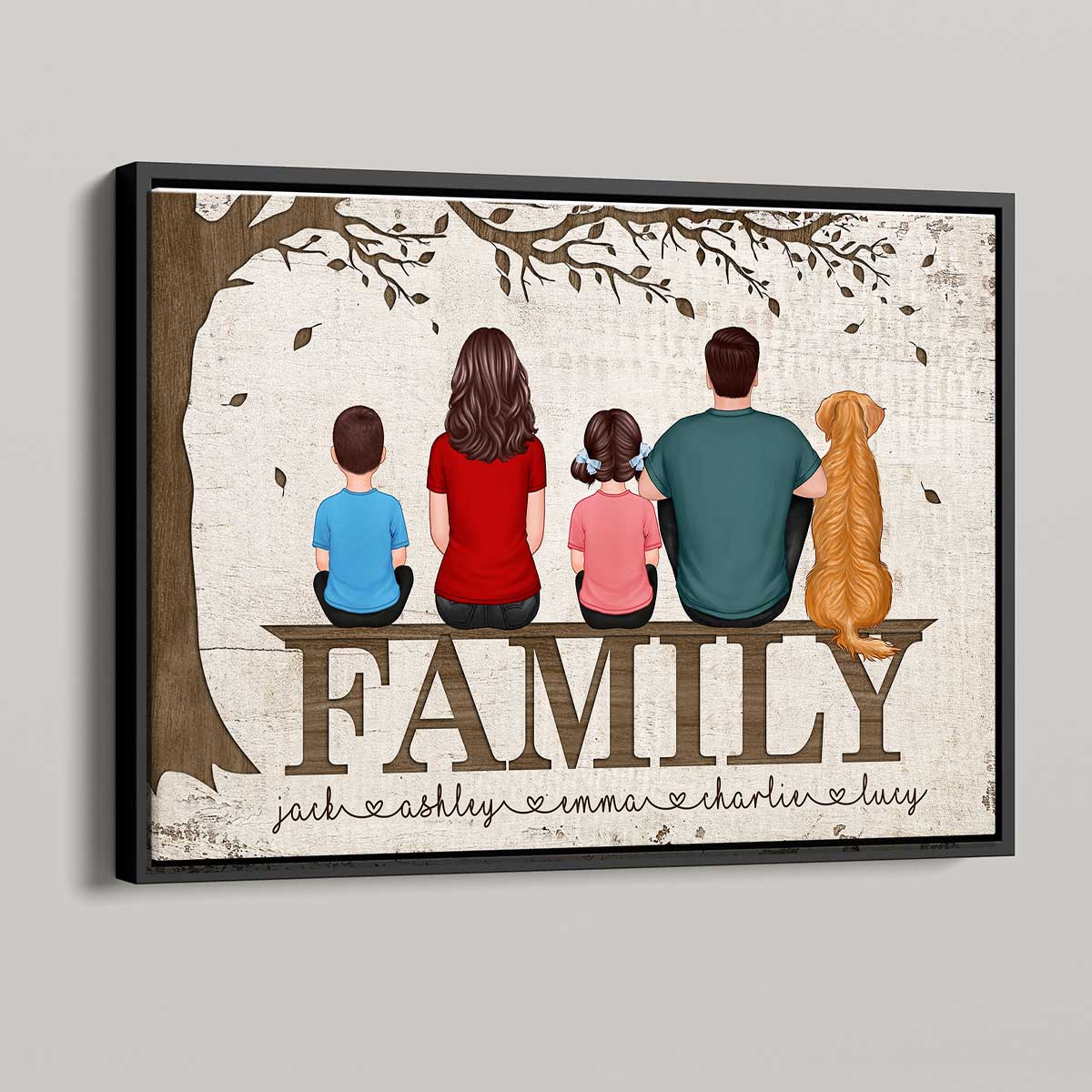Family Couple Kid Dog Cat Back View Sitting Under Tree Personalized Horizontal Poster - Image 3
