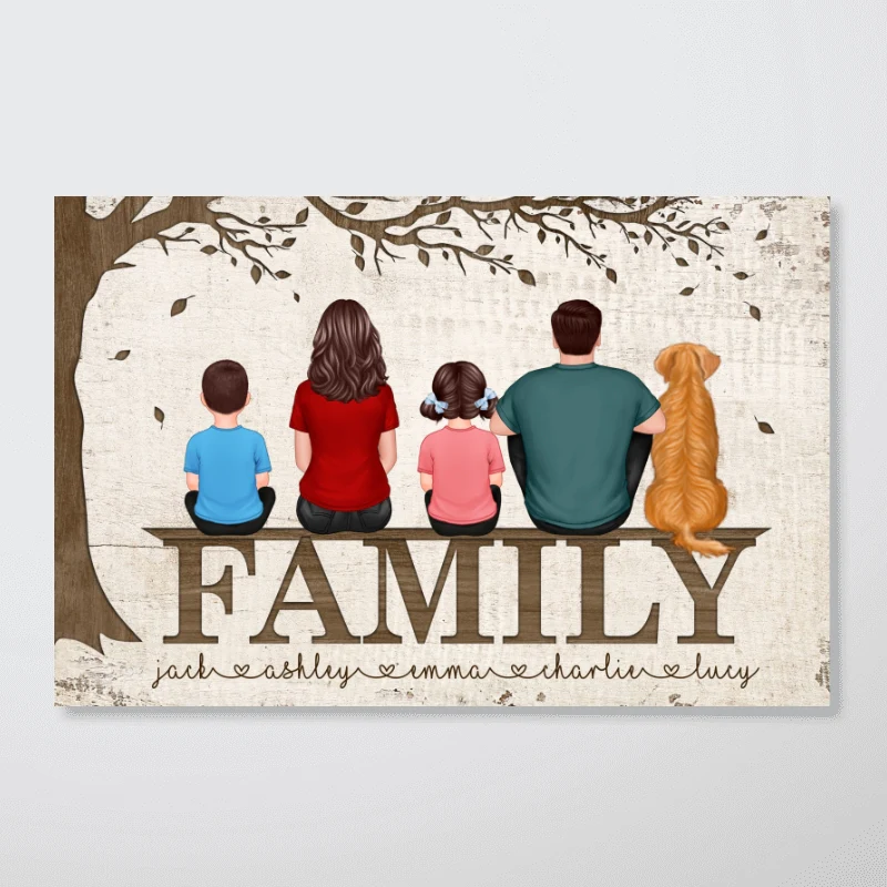 Family Couple Kid Dog Cat Back View Sitting Under Tree Personalized Horizontal Poster - Image 4