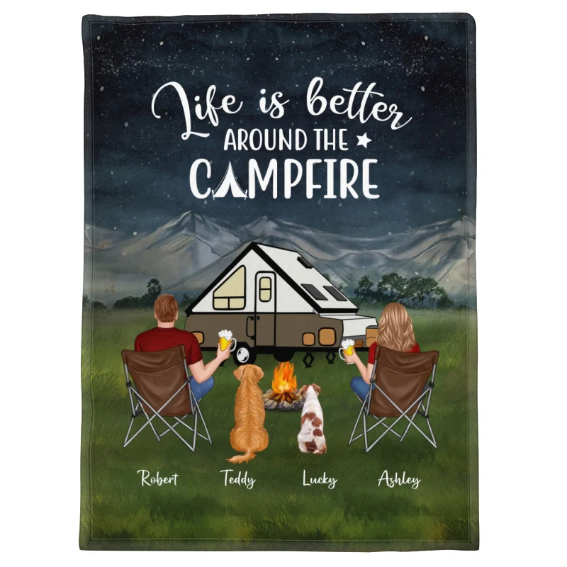 Family Couple Kid Dog Cat Camping Personalized Fleece Blanket - Image 5