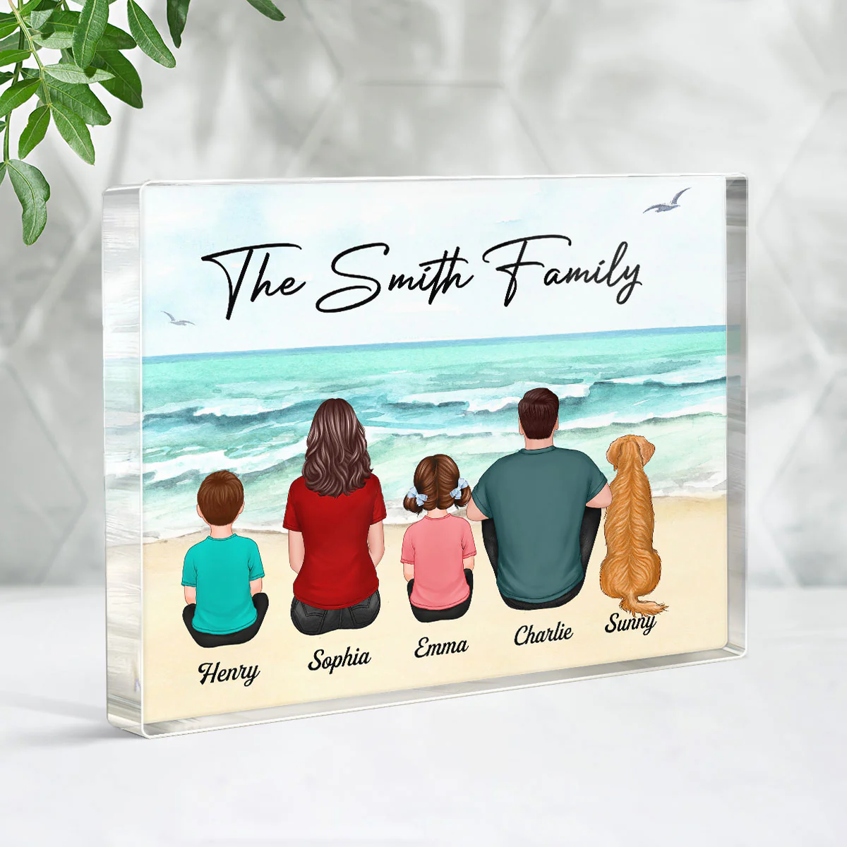 Family Couple Kid Dog Cat Sitting At Beach Personalized Horizontal Rectangle Acrylic Block Plaque - Image 3