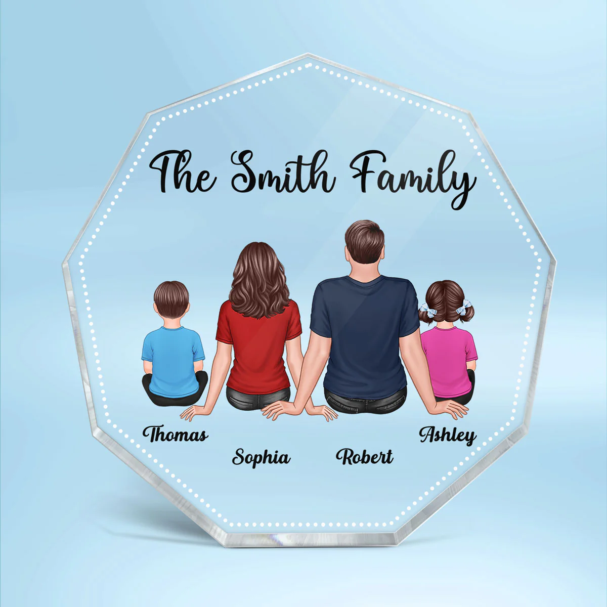 Family Couple Kid Dog Cat Sitting Back View Family Keepsake Decor Personalized Nonagon Acrylic Block Plaque - Image 2