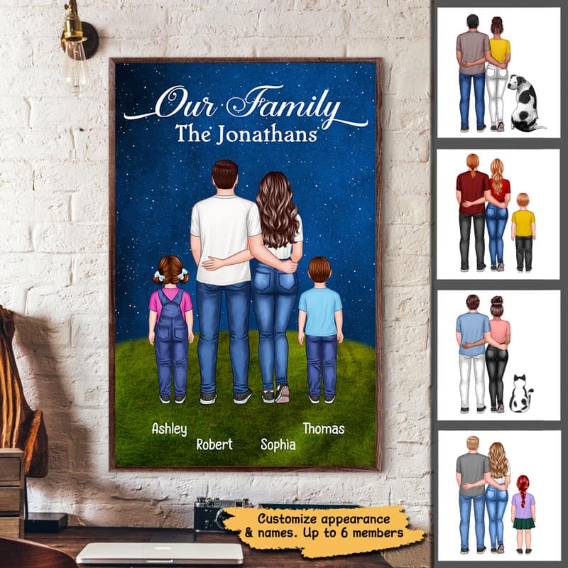 Family Couple Kid Dog Cat Standing Under Starry Night Personalized Vertical Poster - Image 2