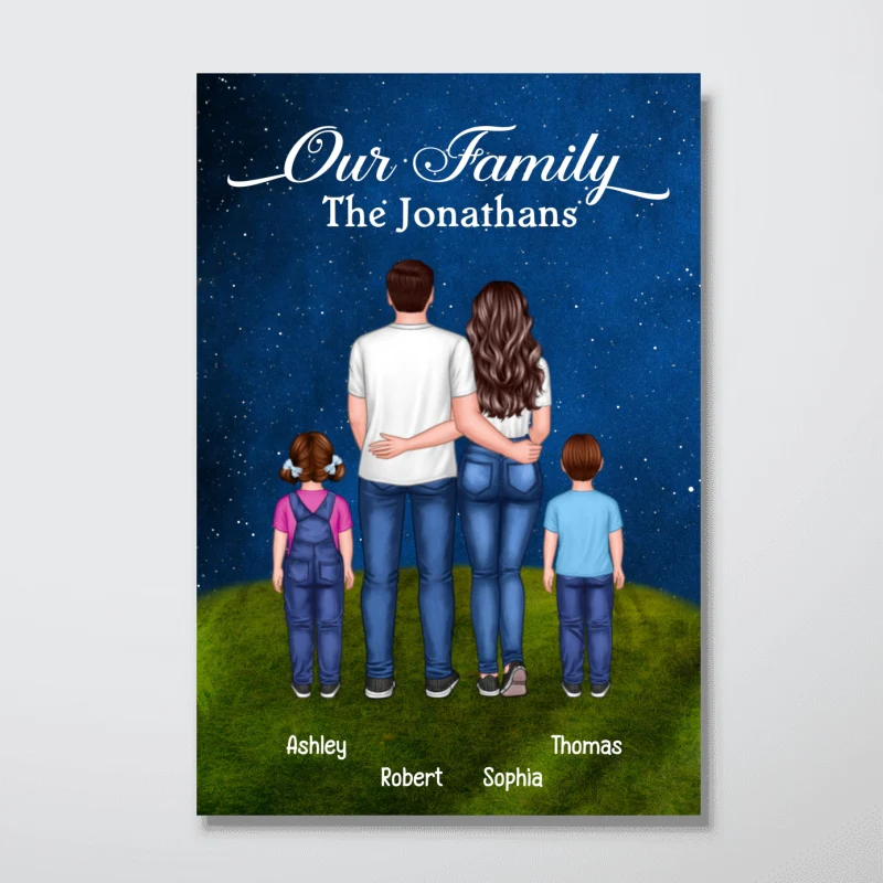 Family Couple Kid Dog Cat Standing Under Starry Night Personalized Vertical Poster - Image 3
