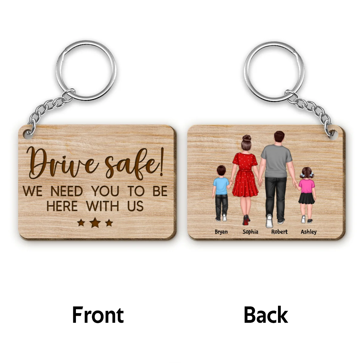 Family Couple & Kid Walking Back View Personalized Wooden Keychain - Image 4