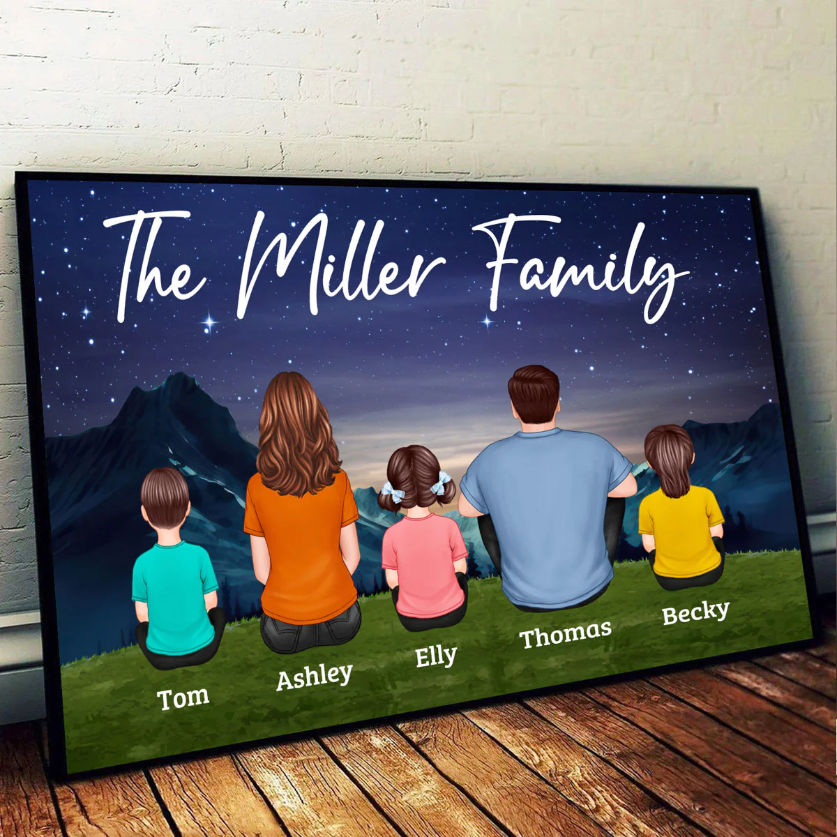 Family Couple Kids Dog Cat Sitting Under Starry Night Personalized Horizontal Poster - Image 2