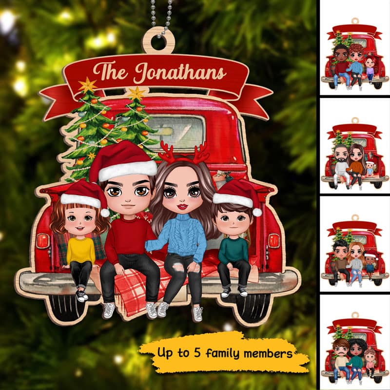 Family Couple On Christmas Truck Personalized Wooden Ornament - Image 3