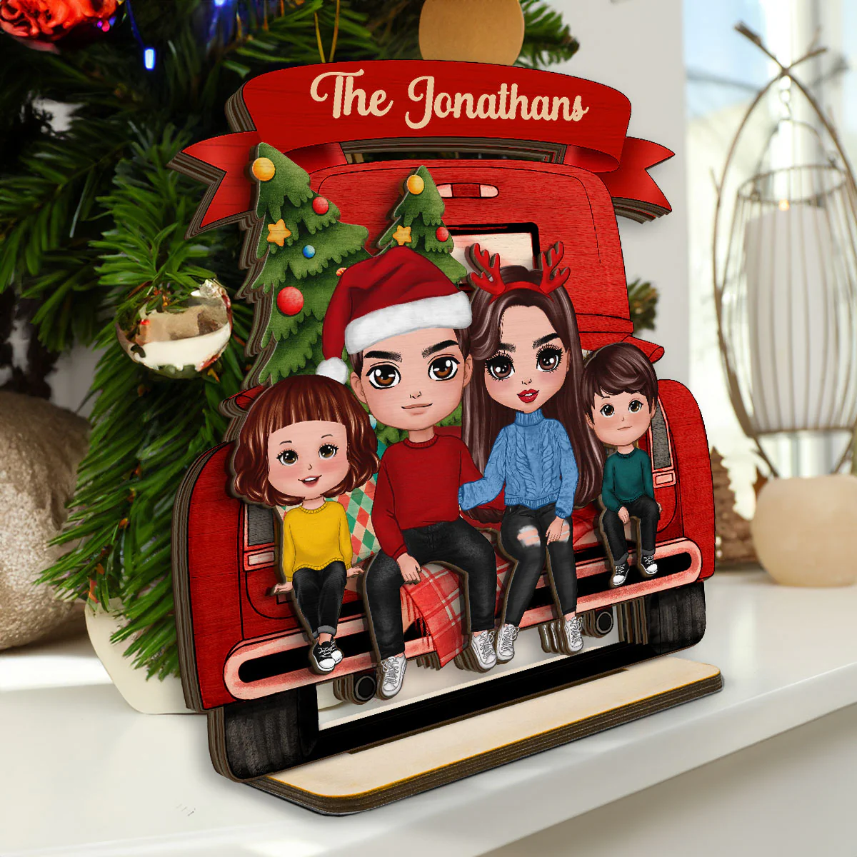 Family Couple On Christmas Truck Personalized Standing Wooden Plaque - Image 3
