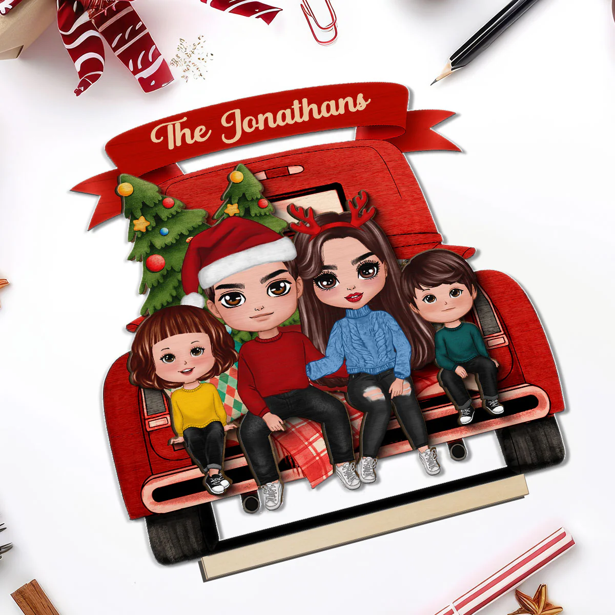Family Couple On Christmas Truck Personalized Standing Wooden Plaque - Image 5