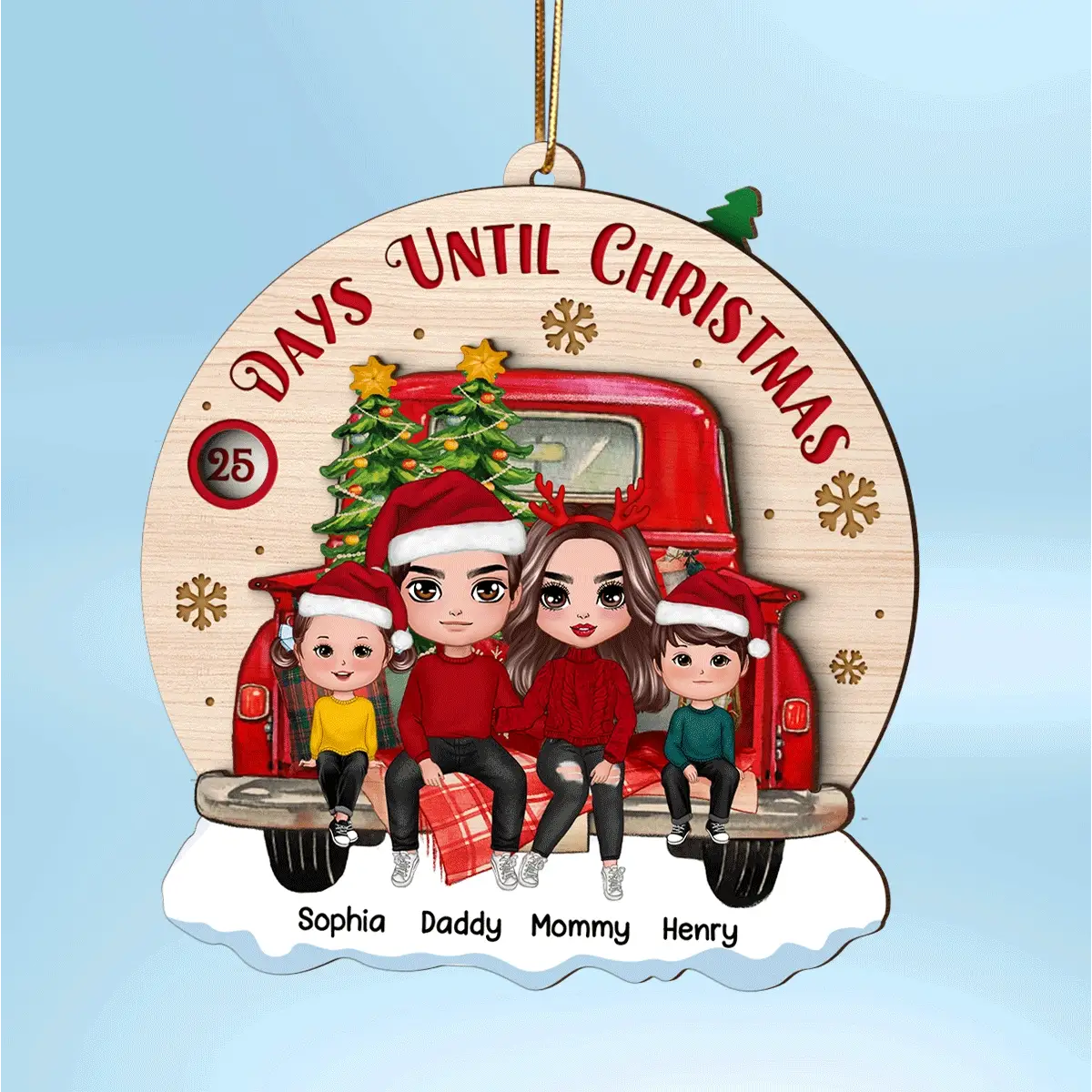 Family Couple On Christmas Truck Personalized Wooden Countdown Ornament - Image 2
