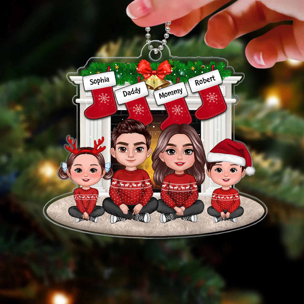 Family Crossed Legs Sitting By Christmas Fireplace Dad Mom Kid Dog Cat Personalized Acrylic Ornament - Image 3