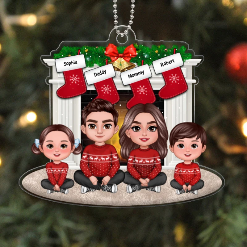 Family Crossed Legs Sitting By Christmas Fireplace Dad Mom Kid Dog Cat Personalized Acrylic Ornament - Image 5