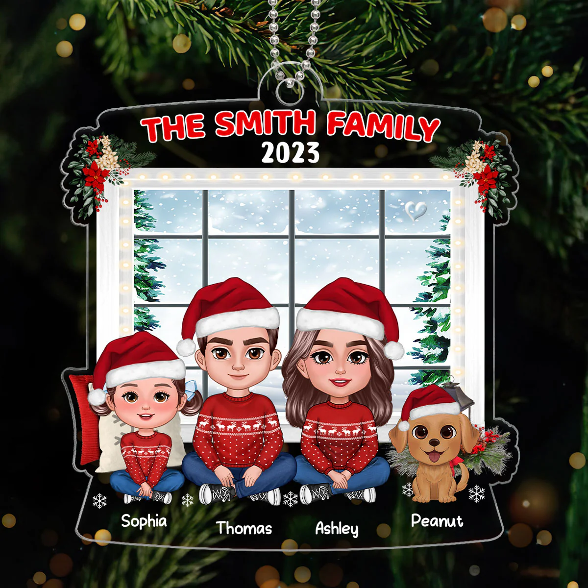 Family Crossed Legs Sitting By Window Dad Mom Kids Dogs Cats Personalized Acrylic Ornament