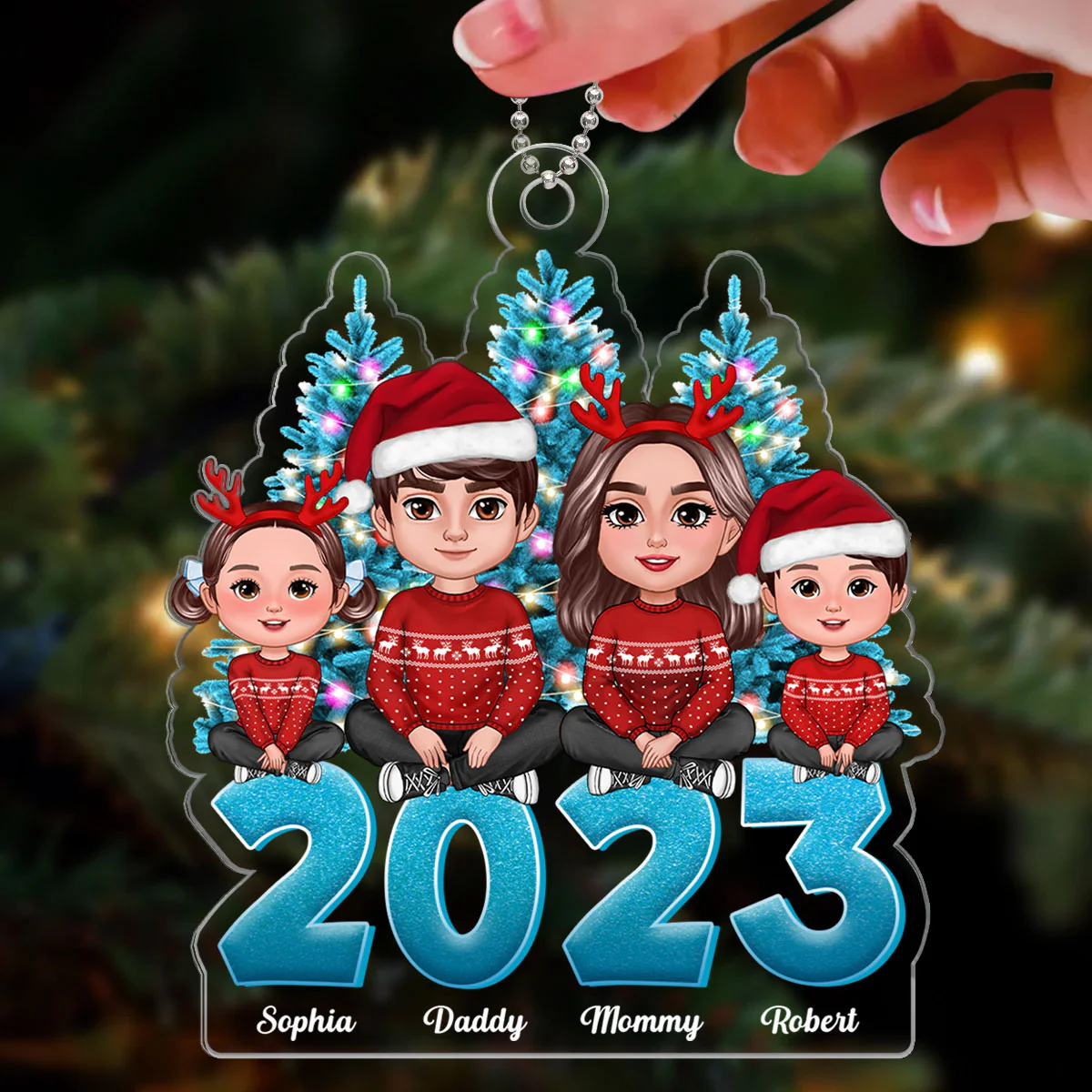 Family Crossed Legs Sitting Christmas Tree Blue Themed 2023 Dad Mom Kids Dogs Cats Personalized Acrylic Ornament - Image 3