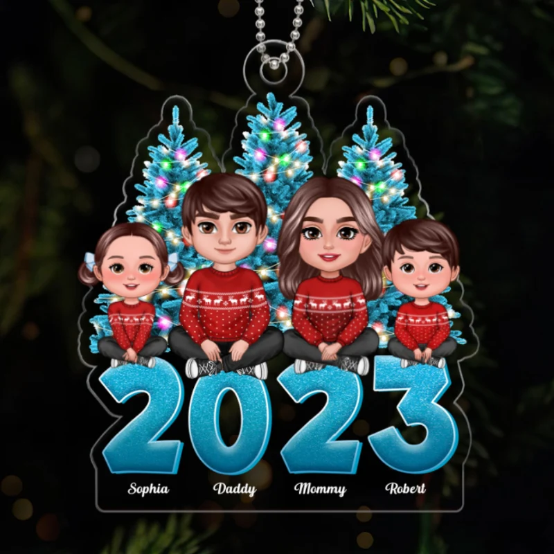 Family Crossed Legs Sitting Christmas Tree Blue Themed 2023 Dad Mom Kids Dogs Cats Personalized Acrylic Ornament - Image 5