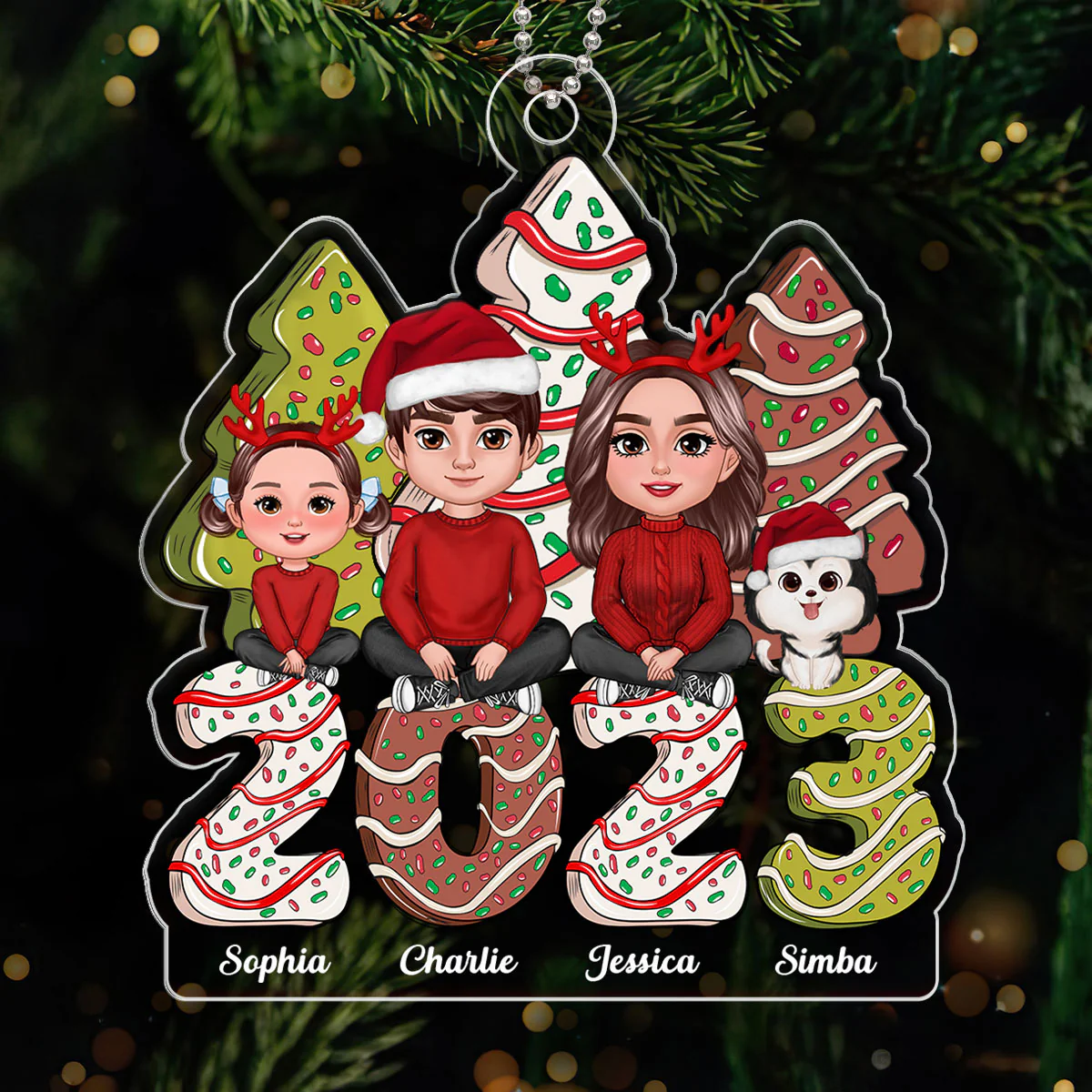 Family Crossed Legs Sitting Christmas Tree Cake Patterned Personalized Acrylic Ornament