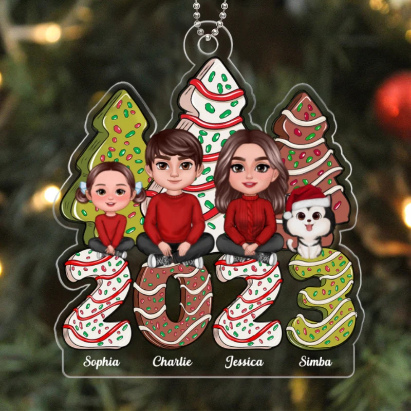 Family Crossed Legs Sitting Christmas Tree Cake Patterned Personalized Acrylic Ornament - Image 5