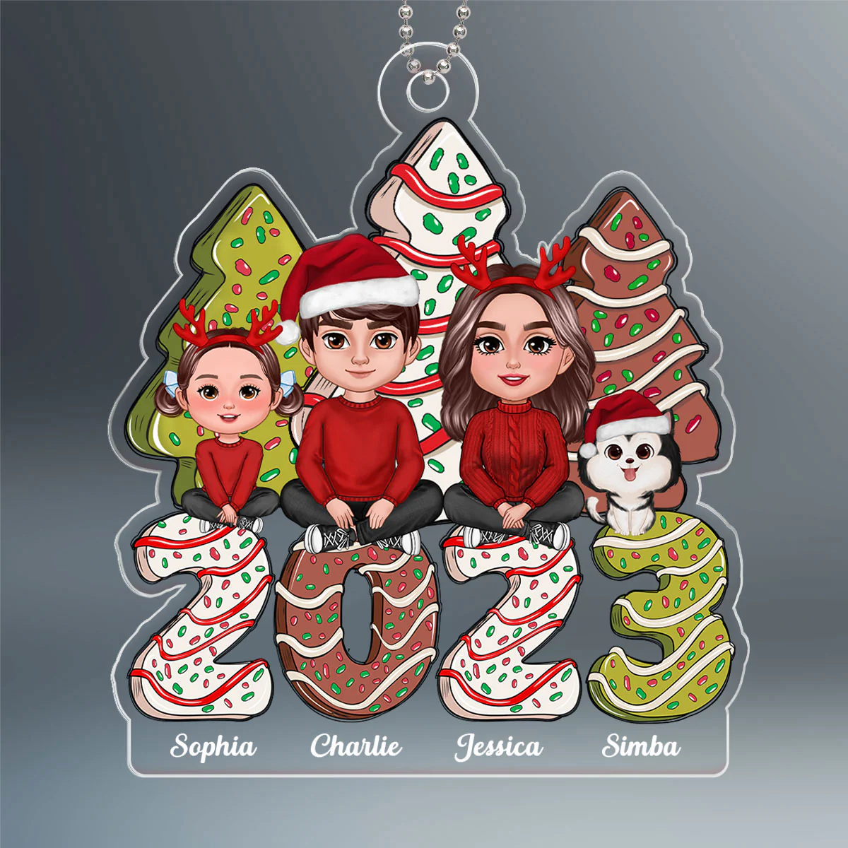Family Crossed Legs Sitting Christmas Tree Cake Patterned Personalized Acrylic Ornament - Image 2