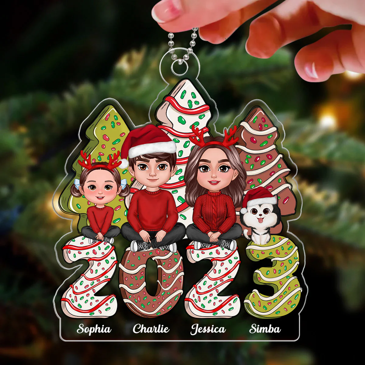 Family Crossed Legs Sitting Christmas Tree Cake Patterned Personalized Acrylic Ornament - Image 3