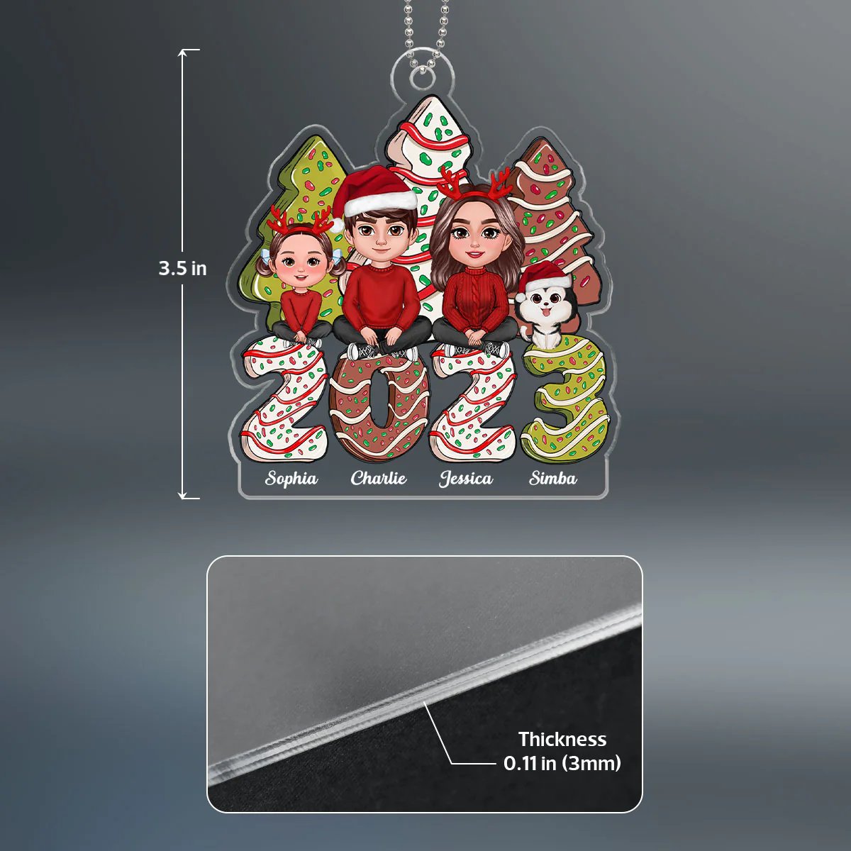 Family Crossed Legs Sitting Christmas Tree Cake Patterned Personalized Acrylic Ornament - Image 4