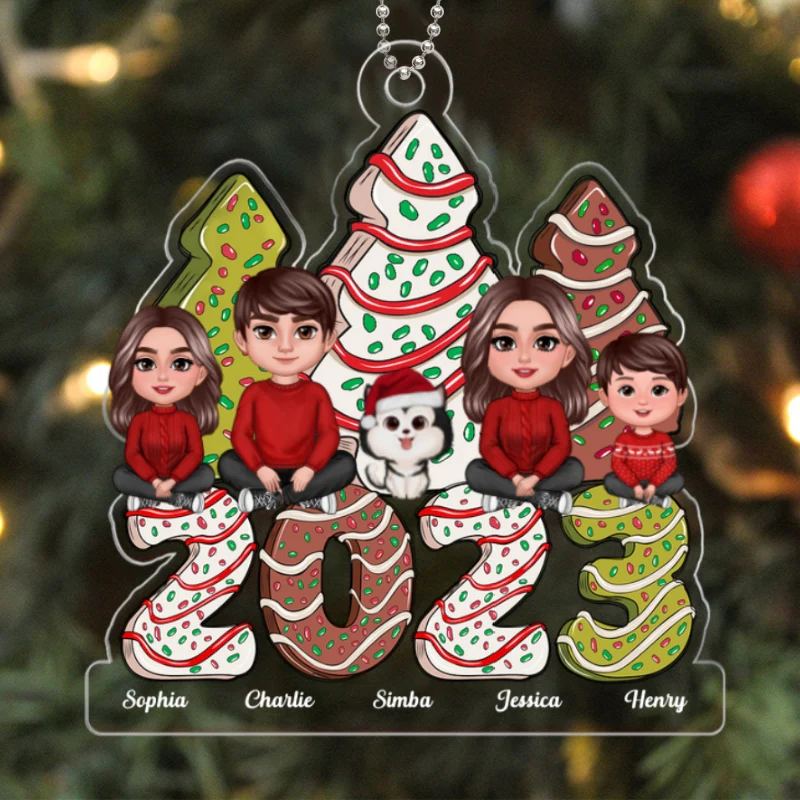 Family Crossed Legs Sitting Christmas Tree Cake Patterned Personalized Acrylic Ornament - Image 5