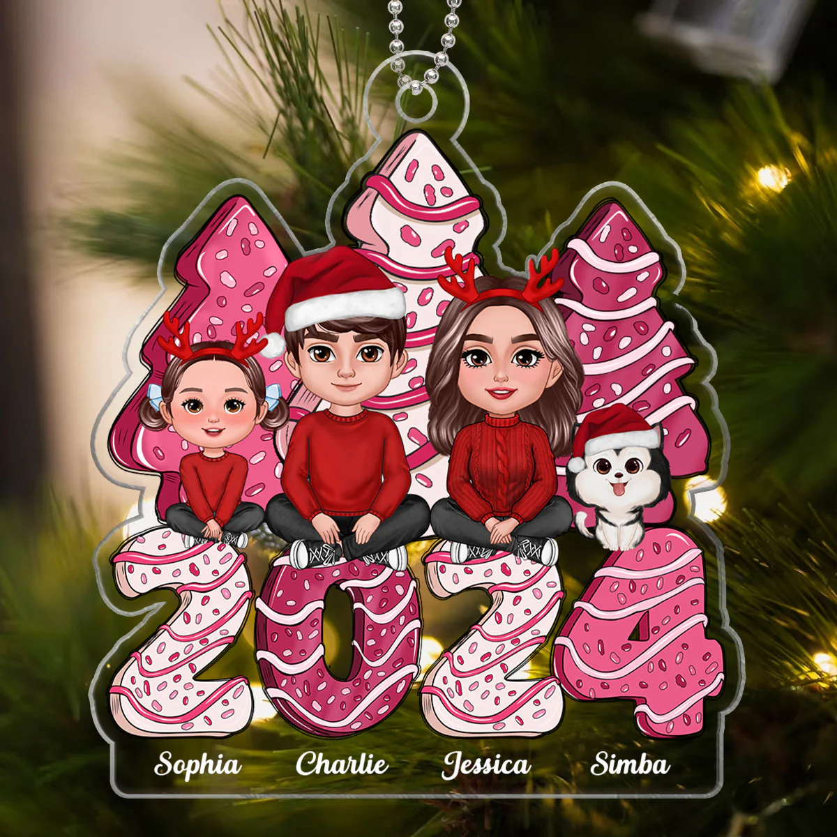 Family Crossed Legs Sitting Pink Christmas Tree Cake Patterned Personalized Acrylic Ornament - Image 3