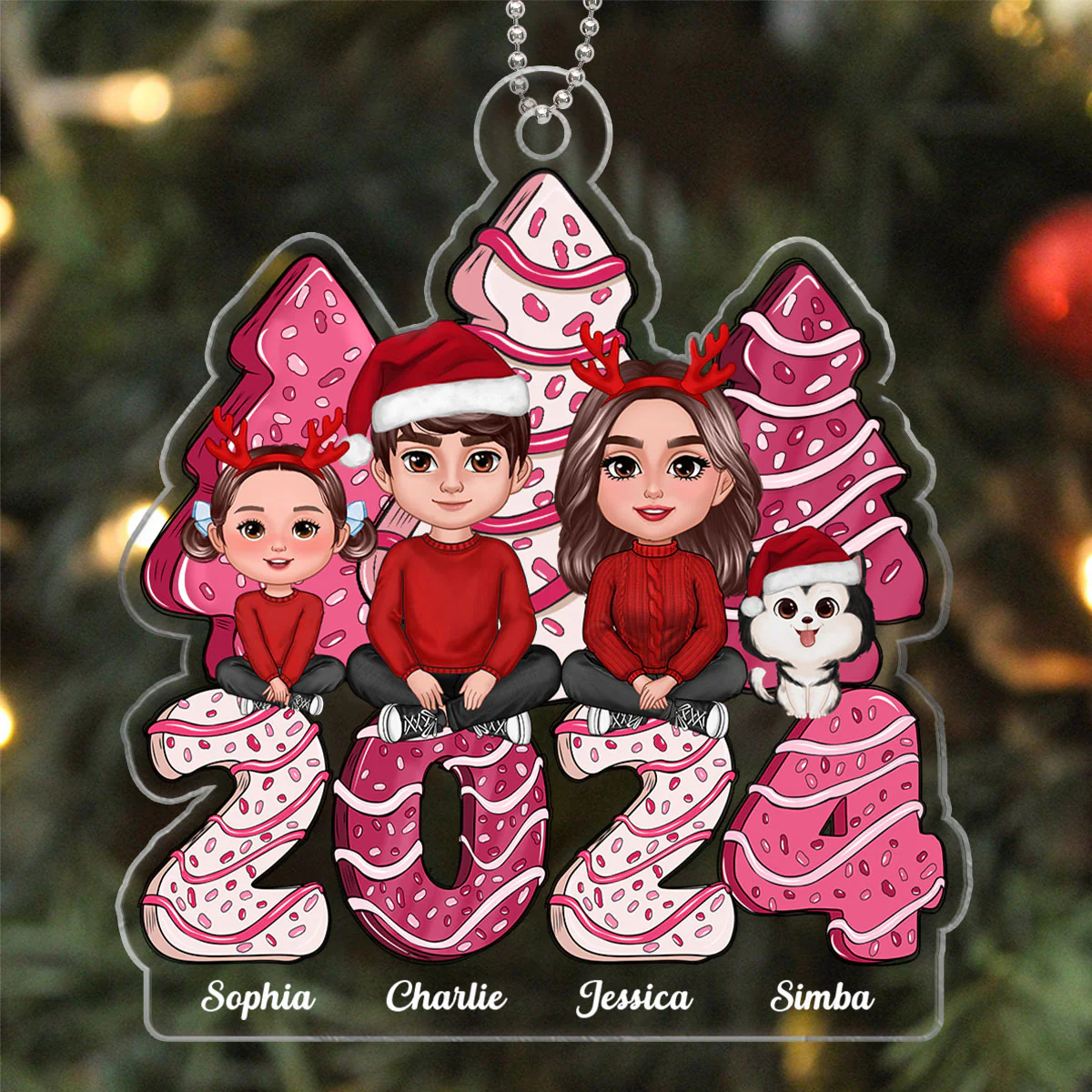 Family Crossed Legs Sitting Pink Christmas Tree Cake Patterned Personalized Acrylic Ornament - Image 4