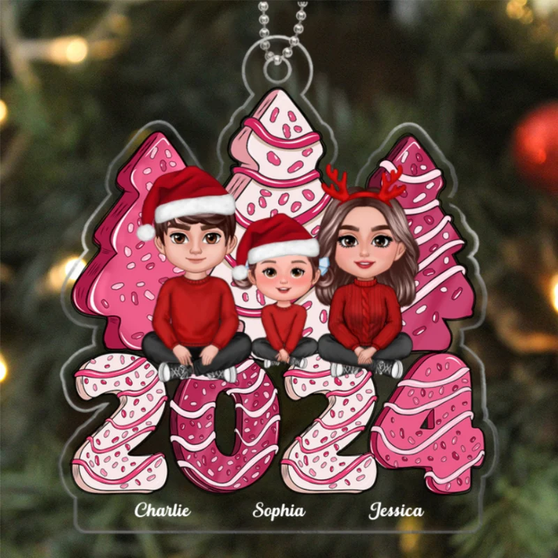 Family Crossed Legs Sitting Pink Christmas Tree Cake Patterned Personalized Acrylic Ornament - Image 7