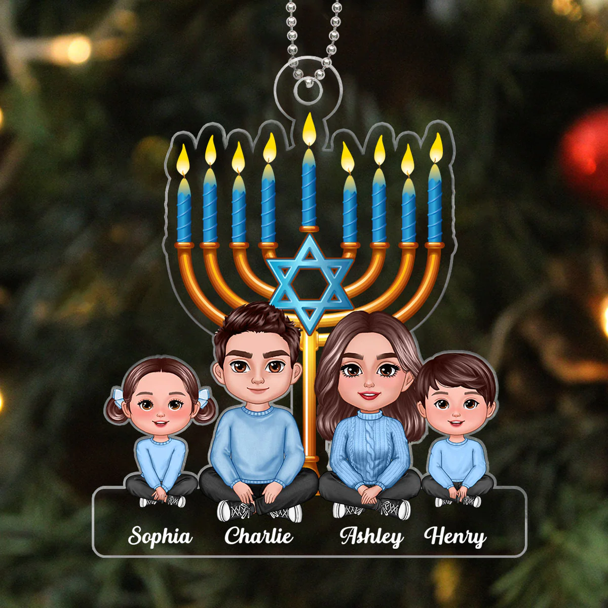 Family Crossed Legs Sitting Under Lights of Menorah Hanukkah 2023 Personalized Acrylic Ornament