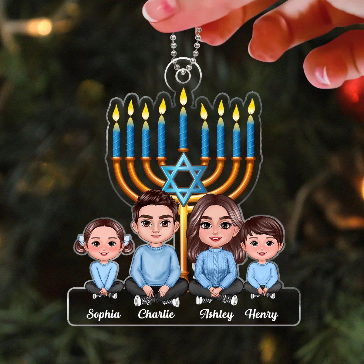 Family Crossed Legs Sitting Under Lights of Menorah Hanukkah 2023 Personalized Acrylic Ornament - Image 3