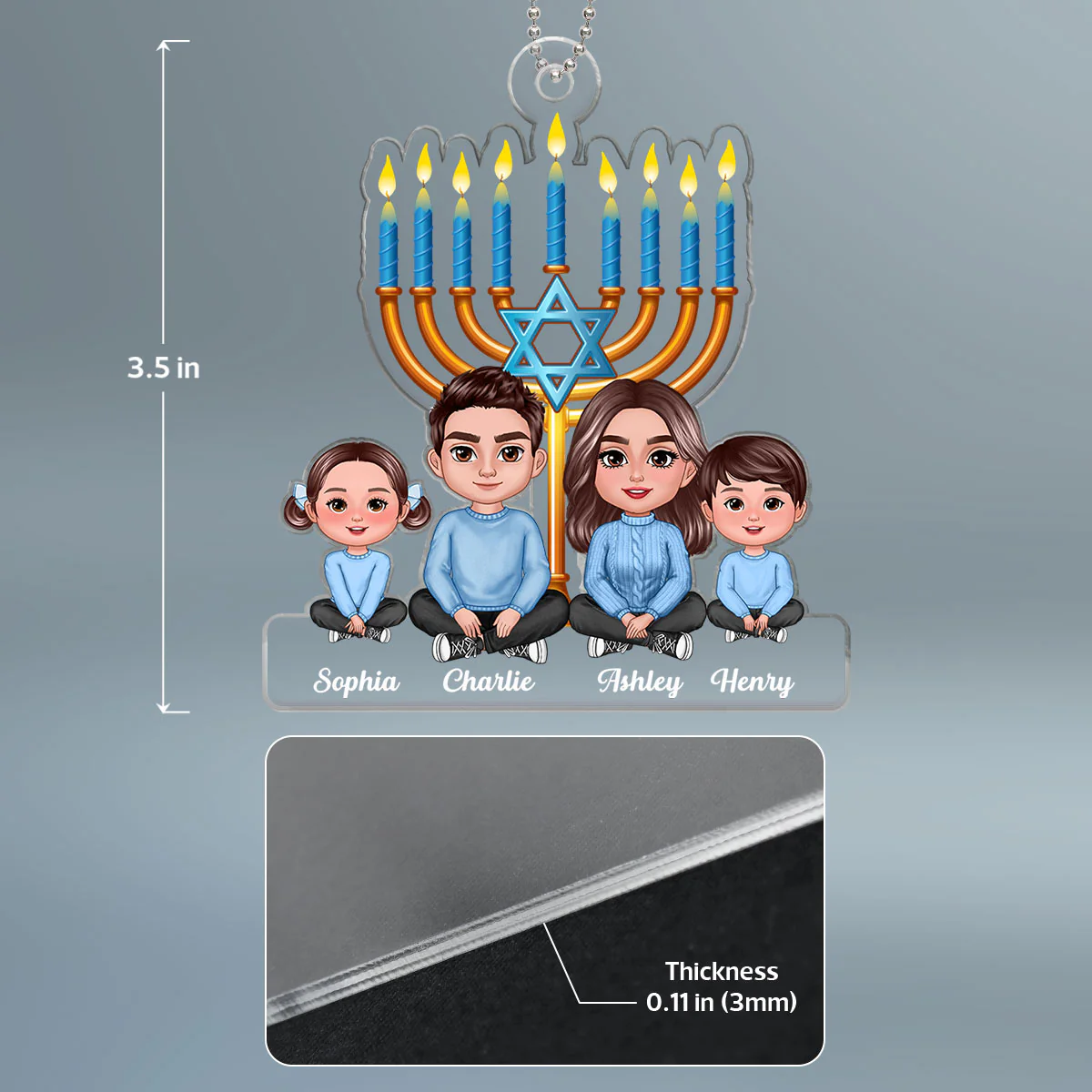 Family Crossed Legs Sitting Under Lights of Menorah Hanukkah 2023 Personalized Acrylic Ornament - Image 4