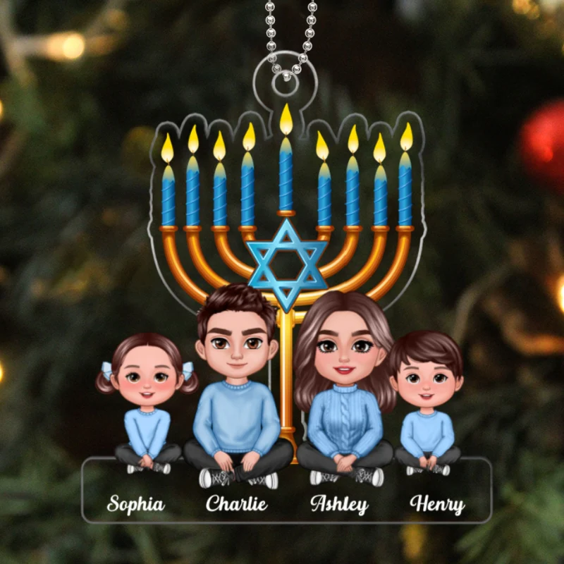 Family Crossed Legs Sitting Under Lights of Menorah Hanukkah 2023 Personalized Acrylic Ornament - Image 5
