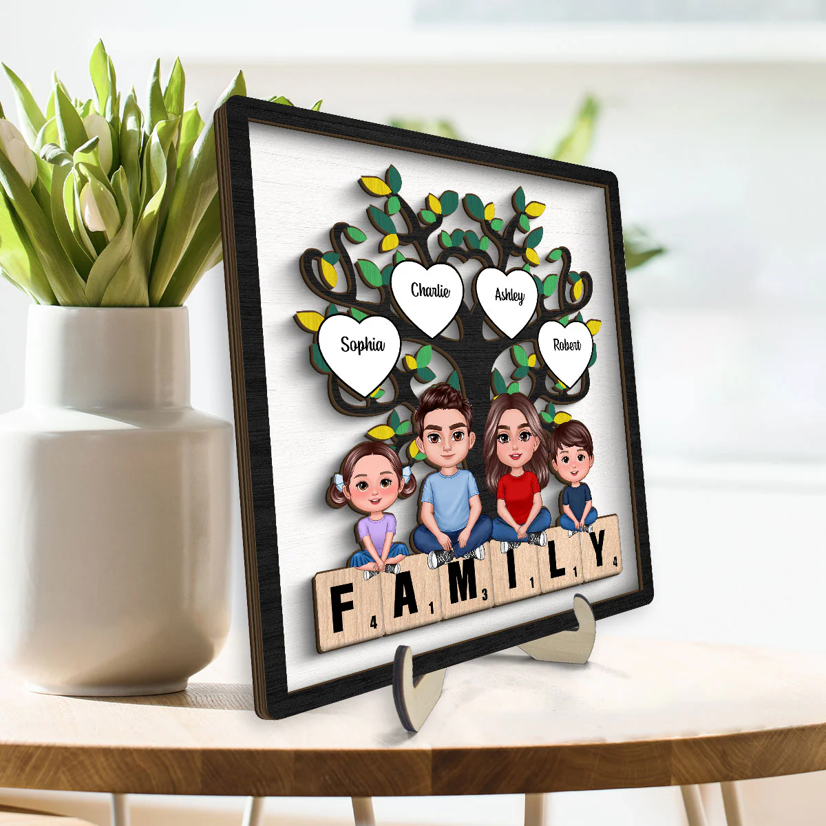 Family Crossed  Legs Under Tree On Text Personalized 2-layer Wooden Plaque - Image 3