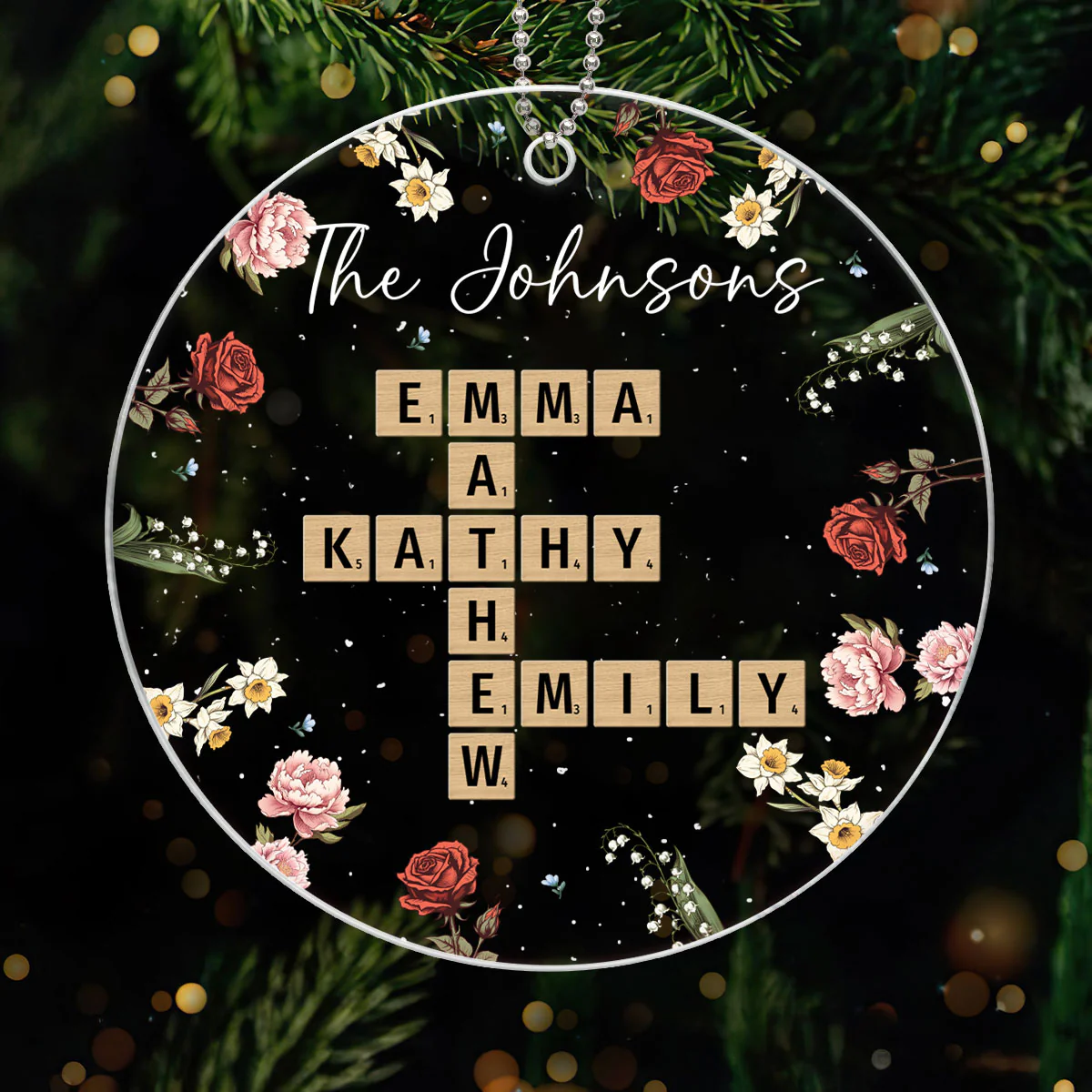 Family Crossword Puzzle Art Birth Month Flower Personalized Acrylic Ornament - Image 4