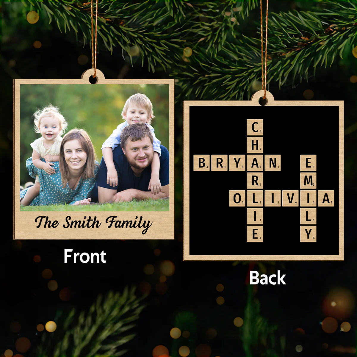 Family Crossword Puzzle Art Photo Inserted Personalized Double Sided Wooden Ornament