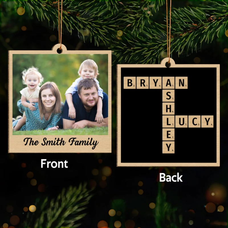 Family Crossword Puzzle Art Photo Inserted Personalized Double Sided Wooden Ornament - Image 9