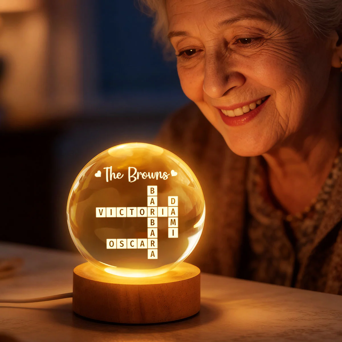 Family Crossword Puzzle Art - Personalized Crystal Ball LED Night Light - Heartfelt Gift For Grandma, Gift For Mom - Image 3