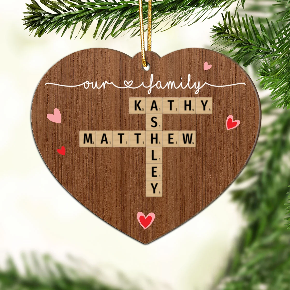 Family Crossword Puzzle Art Personalized Heart Shaped 2-Layer Wooden Ornament - Image 11