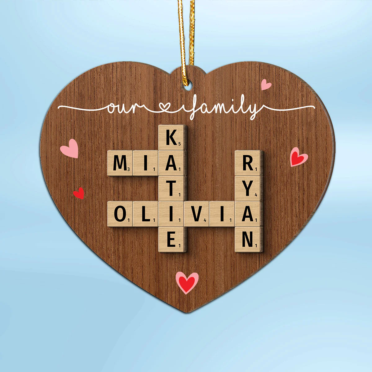 Family Crossword Puzzle Art Personalized Heart Shaped 2-Layer Wooden Ornament - Image 2