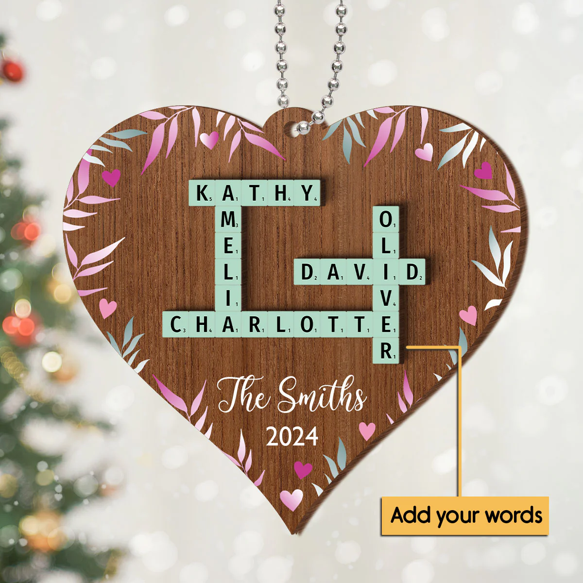 Family Crossword Puzzle Art Personalized Heart Shaped 2-Layered Wooden Ornament, Christmas Gift for Family & Friends