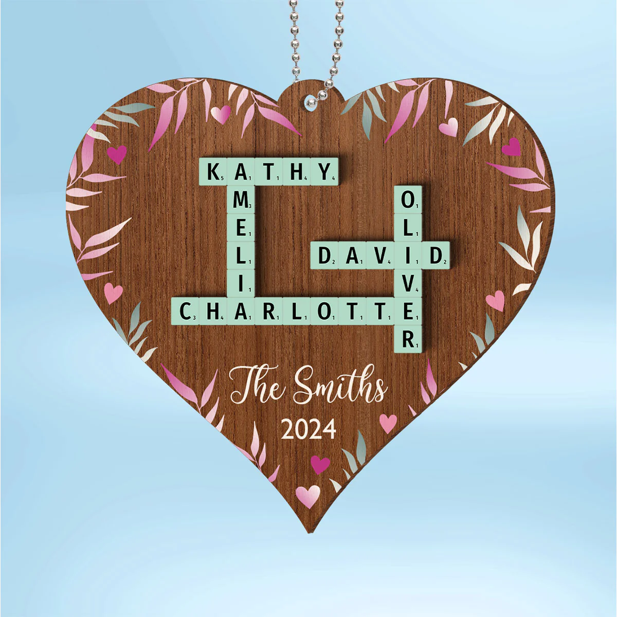 Family Crossword Puzzle Art Personalized Heart Shaped 2-Layered Wooden Ornament, Christmas Gift for Family & Friends - Image 2