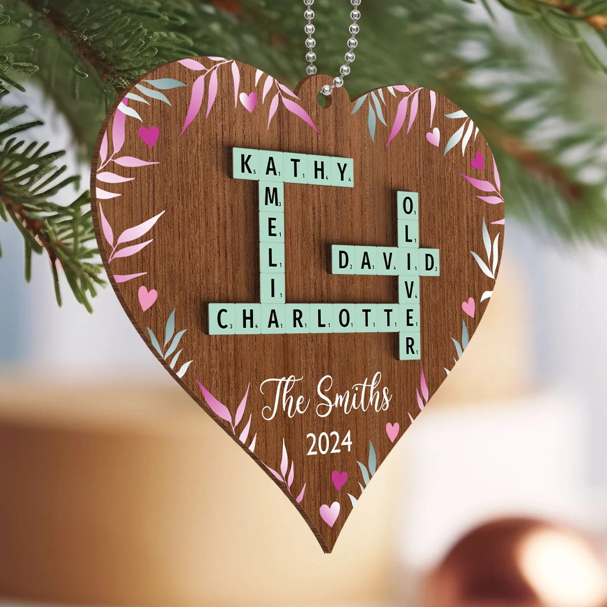 Family Crossword Puzzle Art Personalized Heart Shaped 2-Layered Wooden Ornament, Christmas Gift for Family & Friends - Image 3