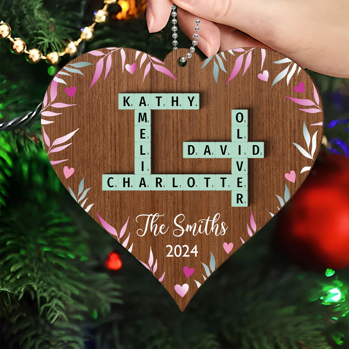 Family Crossword Puzzle Art Personalized Heart Shaped 2-Layered Wooden Ornament, Christmas Gift for Family & Friends - Image 4