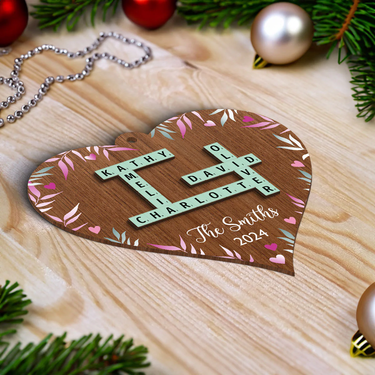 Family Crossword Puzzle Art Personalized Heart Shaped 2-Layered Wooden Ornament, Christmas Gift for Family & Friends - Image 5